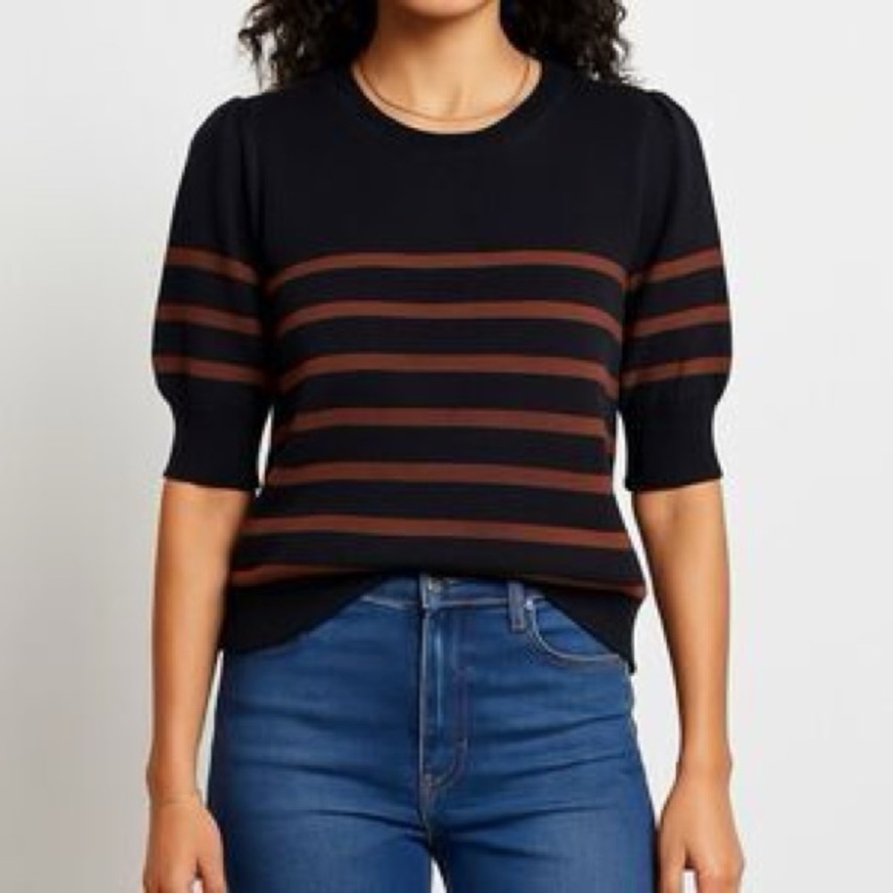 Evereve Black & Brown Striped Short-Sleeve Crewneck Sweater